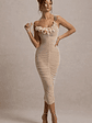 Jesi | Cream Mesh Ruched Midi Dress With Ruffles - thumbnail 4