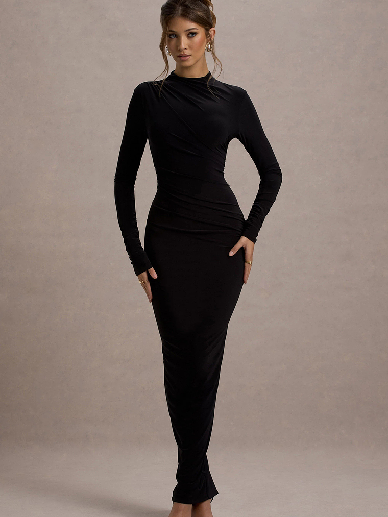 Hespera | Black High-Neck Long-Sleeve Gathered Maxi Dress 3