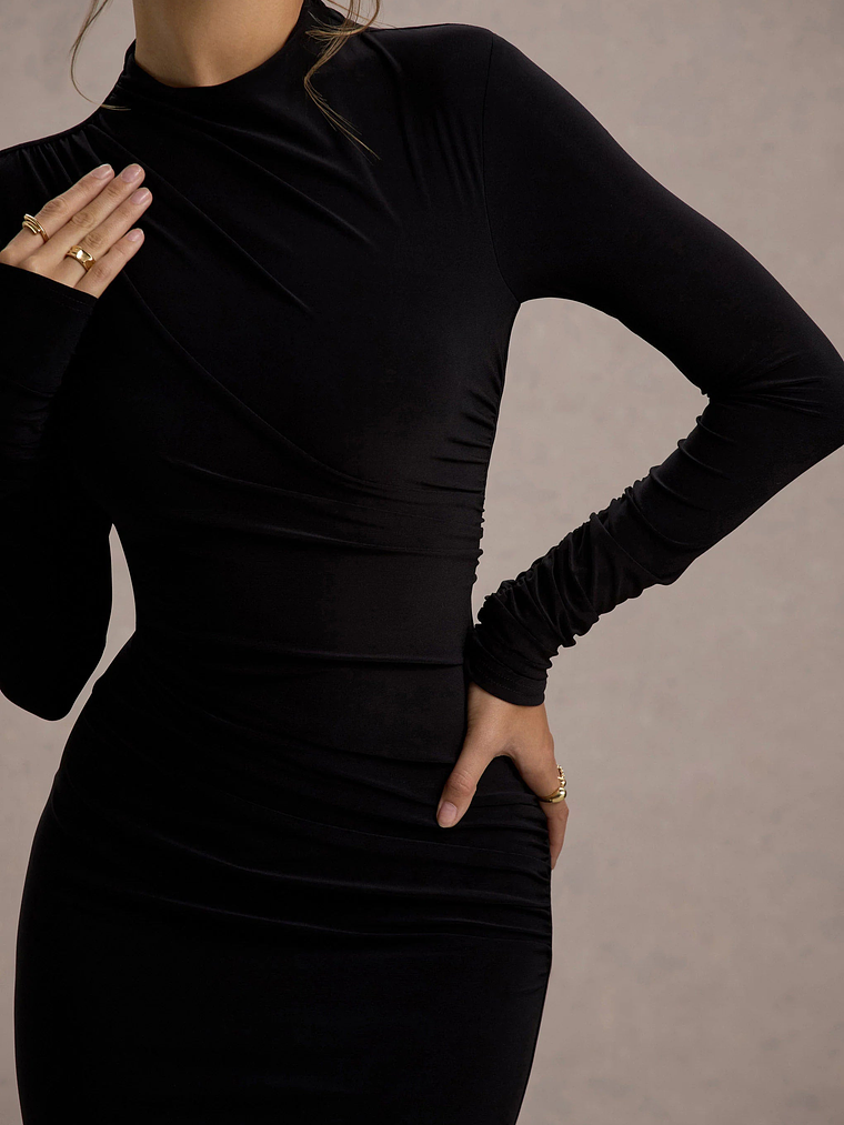 Hespera | Black High-Neck Long-Sleeve Gathered Maxi Dress 5