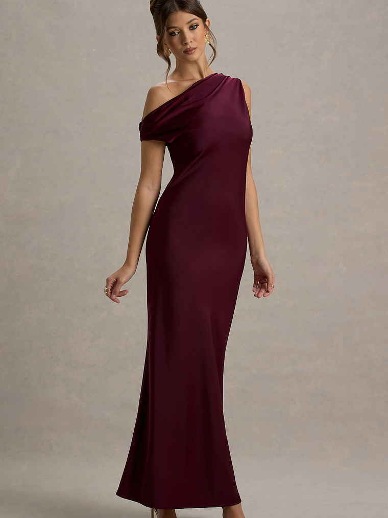 Isolde | Burgundy Satin One-Shoulder Maxi Dress 4