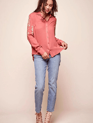 Issa Floral Sleeved Button Up Top Rust