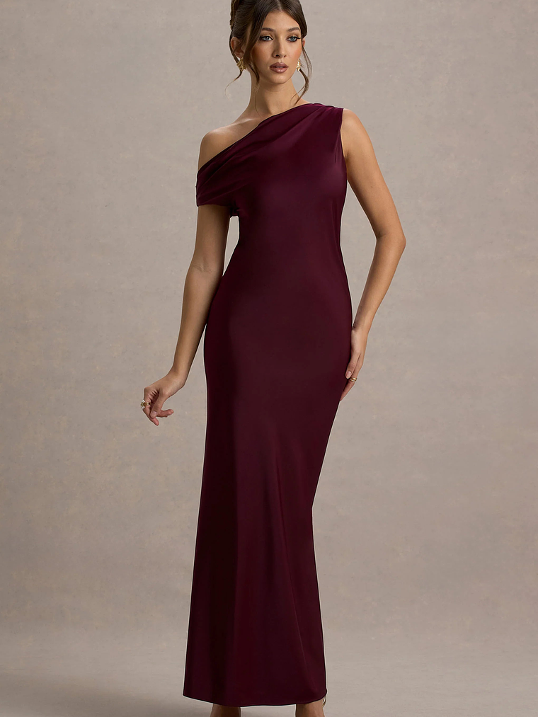 Isolde | Burgundy Satin One-Shoulder Maxi Dress 5