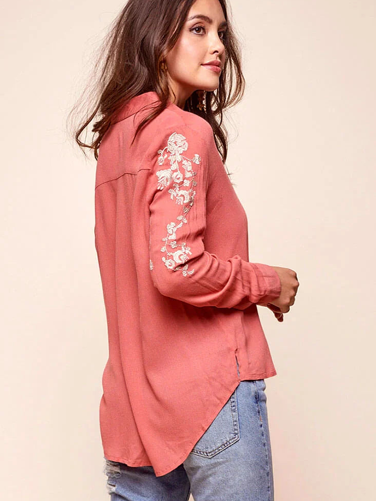 Issa Floral Sleeved Button Up Top Rust 5