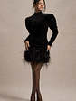 Issa | Black Velvet Long-Sleeve Mini Dress With Feather Trim - thumbnail 4