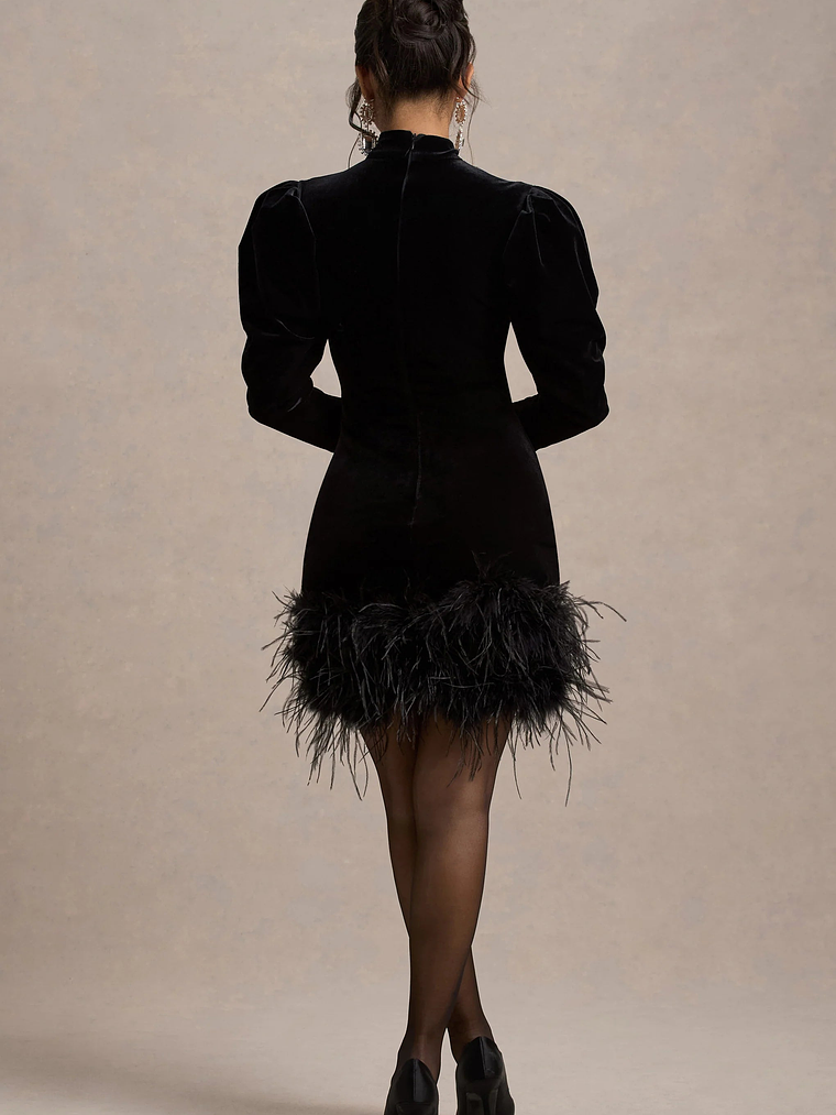 Issa | Black Velvet Long-Sleeve Mini Dress With Feather Trim 5
