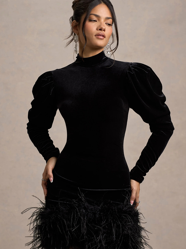 Issa | Black Velvet Long-Sleeve Mini Dress With Feather Trim 8