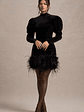 Issa | Black Velvet Long-Sleeve Mini Dress With Feather Trim - thumbnail 10