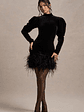 Issa | Black Velvet Long-Sleeve Mini Dress With Feather Trim - thumbnail 11
