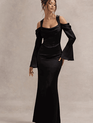 Heartthrob | Black Satin Draped Bardot Maxi Dress