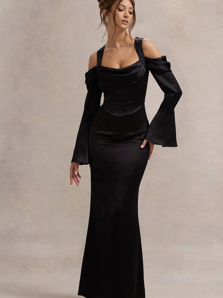 Heartthrob | Black Satin Draped Bardot Maxi Dress 1