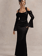 Heartthrob | Black Satin Draped Bardot Maxi Dress - thumbnail 1