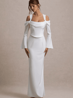Heartthrob | Ivory Satin Draped Bardot Maxi Dress
