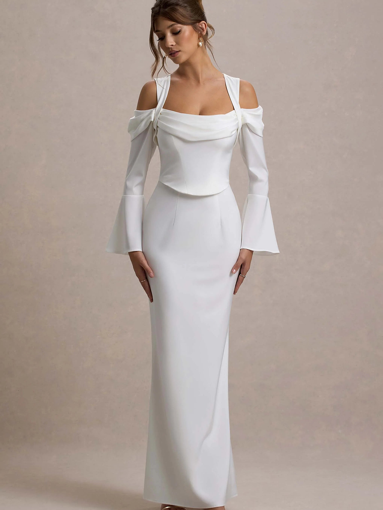 Heartthrob | Ivory Satin Draped Bardot Maxi Dress 1