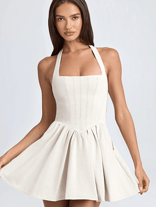 Halterneck Corset Micro Mini Dress in Ecru