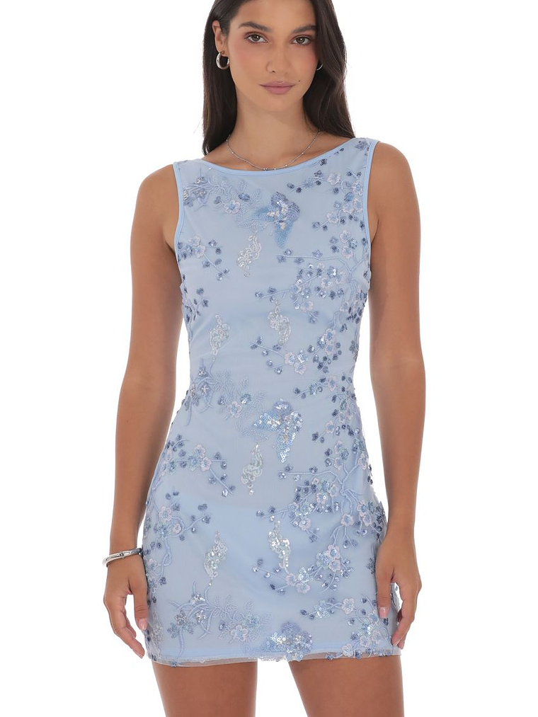 High Neck Floral Bodycon Dress in Light Blue 1