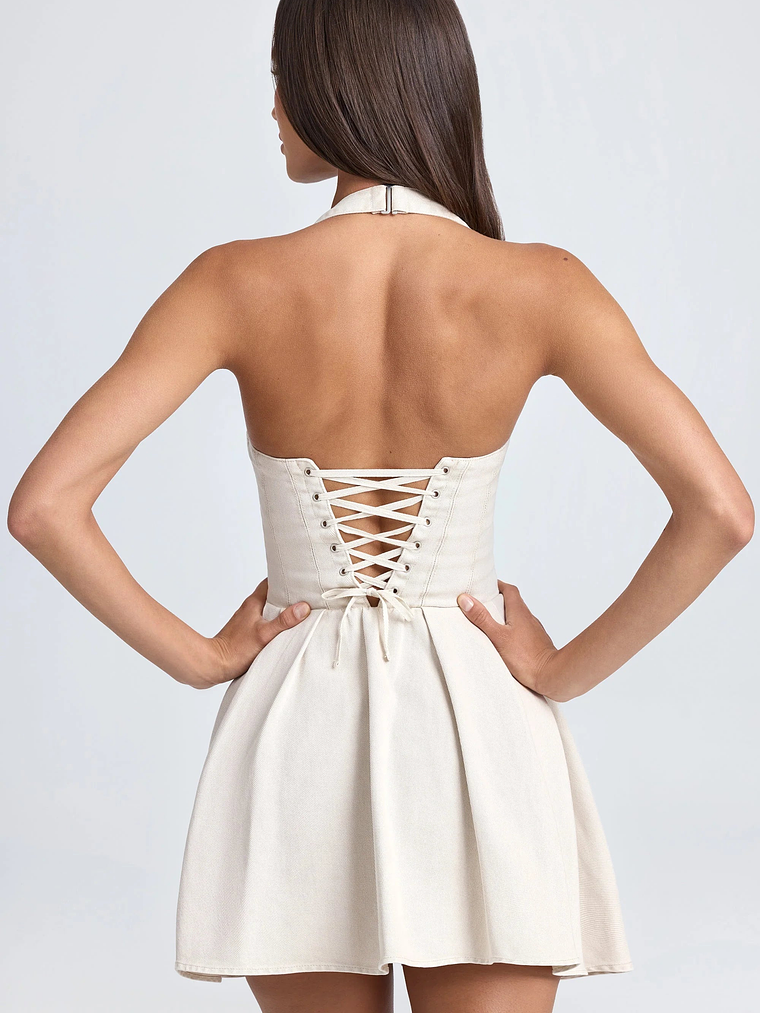 Halterneck Corset Micro Mini Dress in Ecru 2