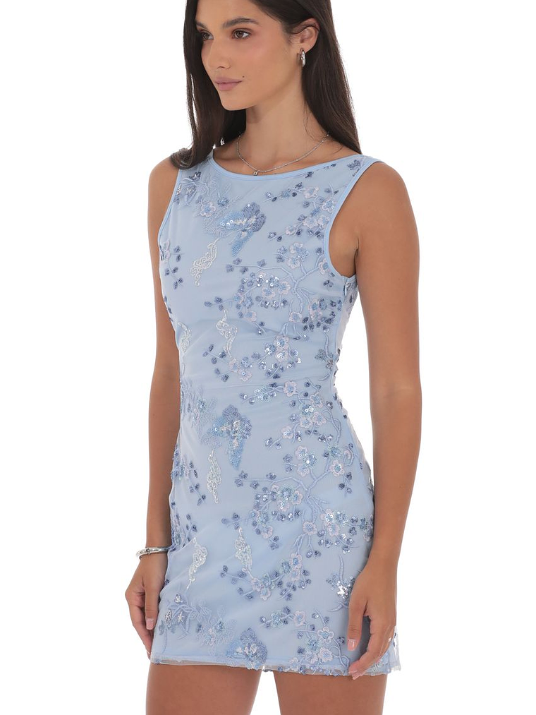 High Neck Floral Bodycon Dress in Light Blue 3