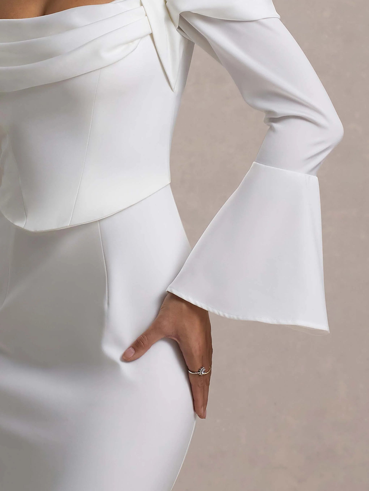 Heartthrob | Ivory Satin Draped Bardot Maxi Dress 6