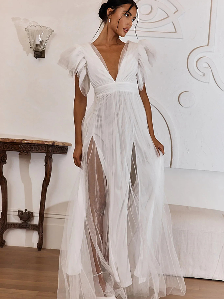 Heaven's Love Deep V-Neck Tulle Maxi Dress White 1