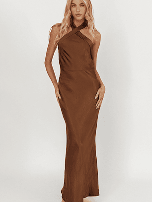 Italia Azure Crossover Halterneck Maxi Dress Chocolate