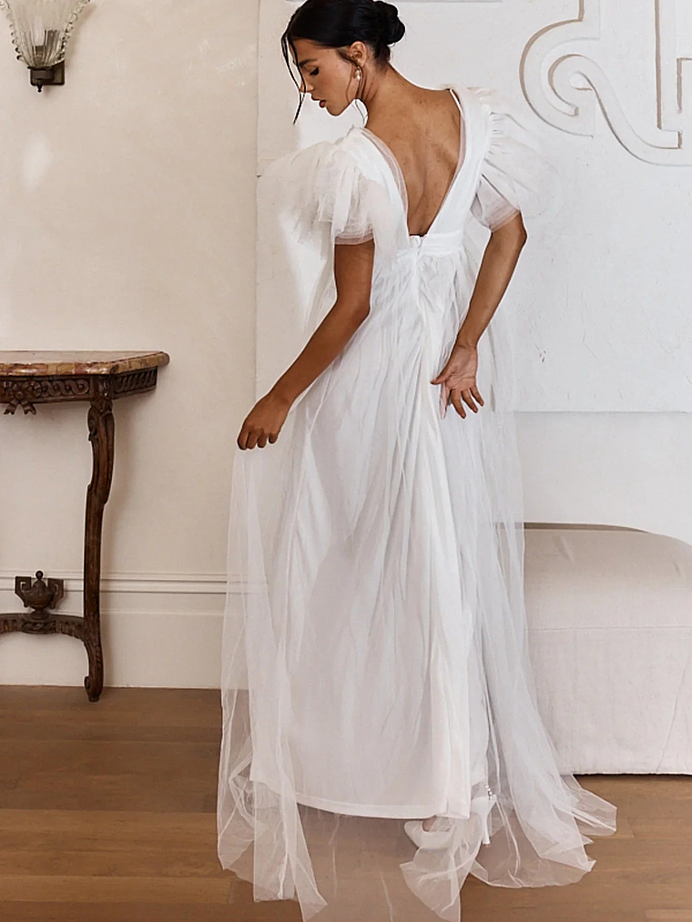 Heaven's Love Deep V-Neck Tulle Maxi Dress White 2