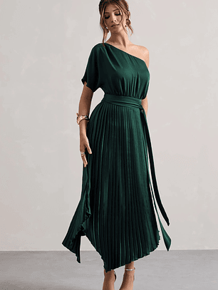 India | Bottle Green Satin Asymmetric Plisse Maxi Dress
