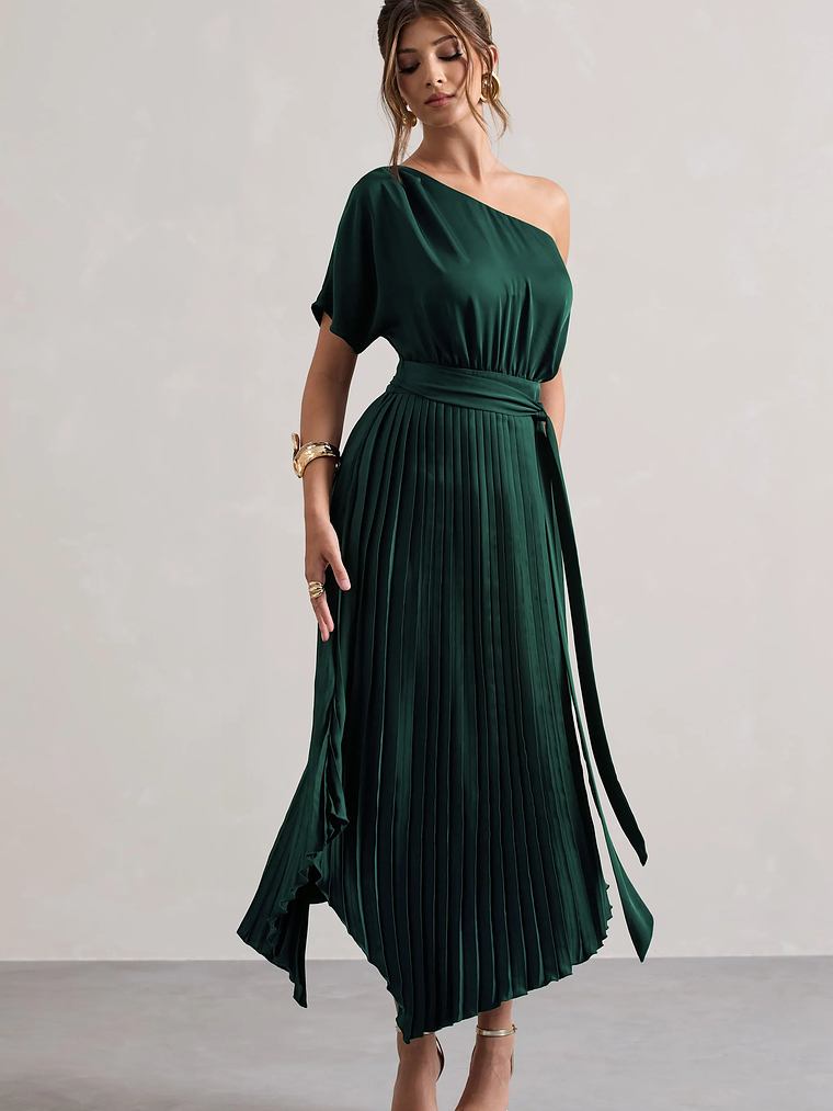 India | Bottle Green Satin Asymmetric Plisse Maxi Dress 1