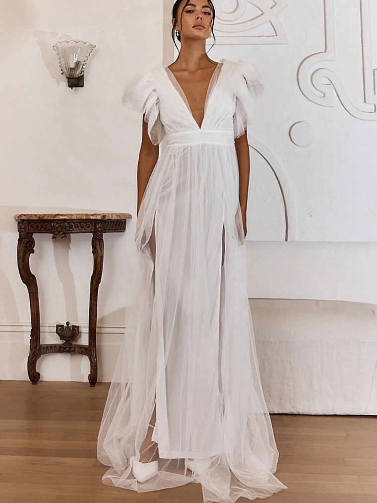 Heaven's Love Deep V-Neck Tulle Maxi Dress White 3
