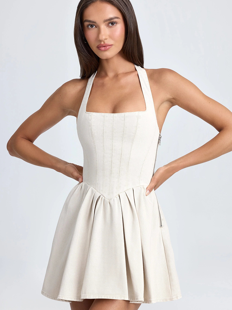 Halterneck Corset Micro Mini Dress in Ecru 6