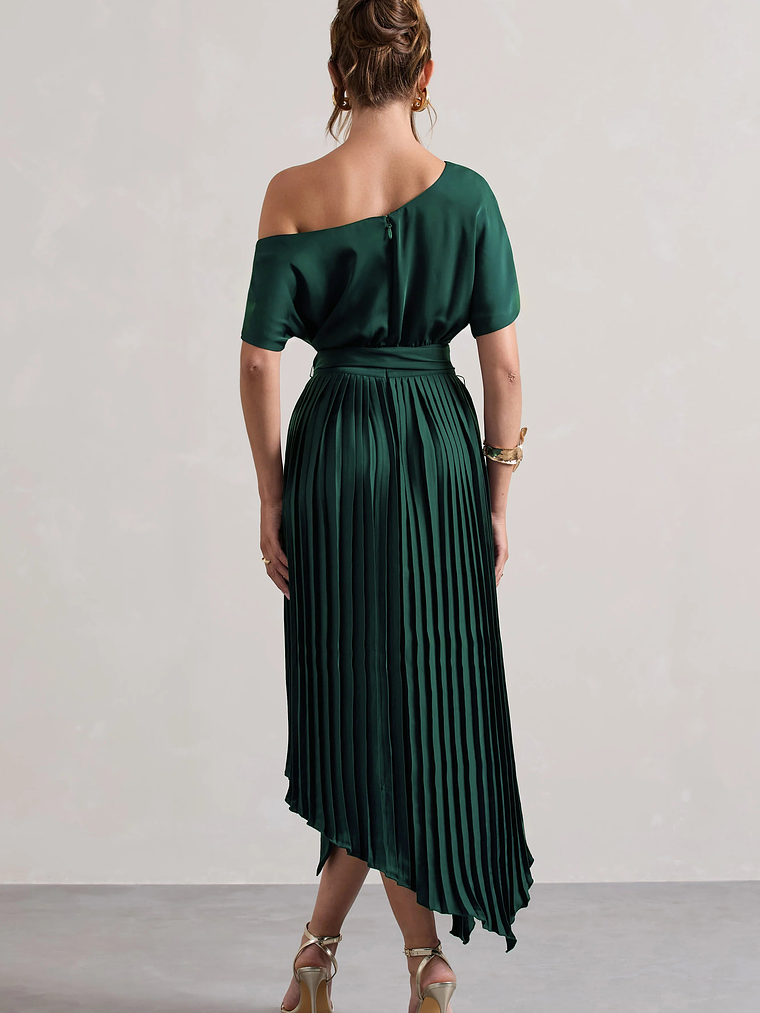 India | Bottle Green Satin Asymmetric Plisse Maxi Dress 2