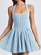 Halterneck Corset Micro Mini Dress in Light Blue Stonewash - thumbnail 4