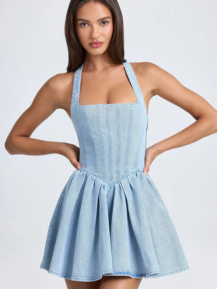 Halterneck Corset Micro Mini Dress in Light Blue Stonewash 6