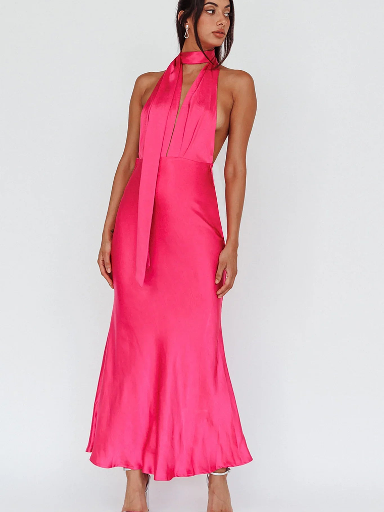 Italia Azure Halterneck Maxi Dress Hot Pink 4