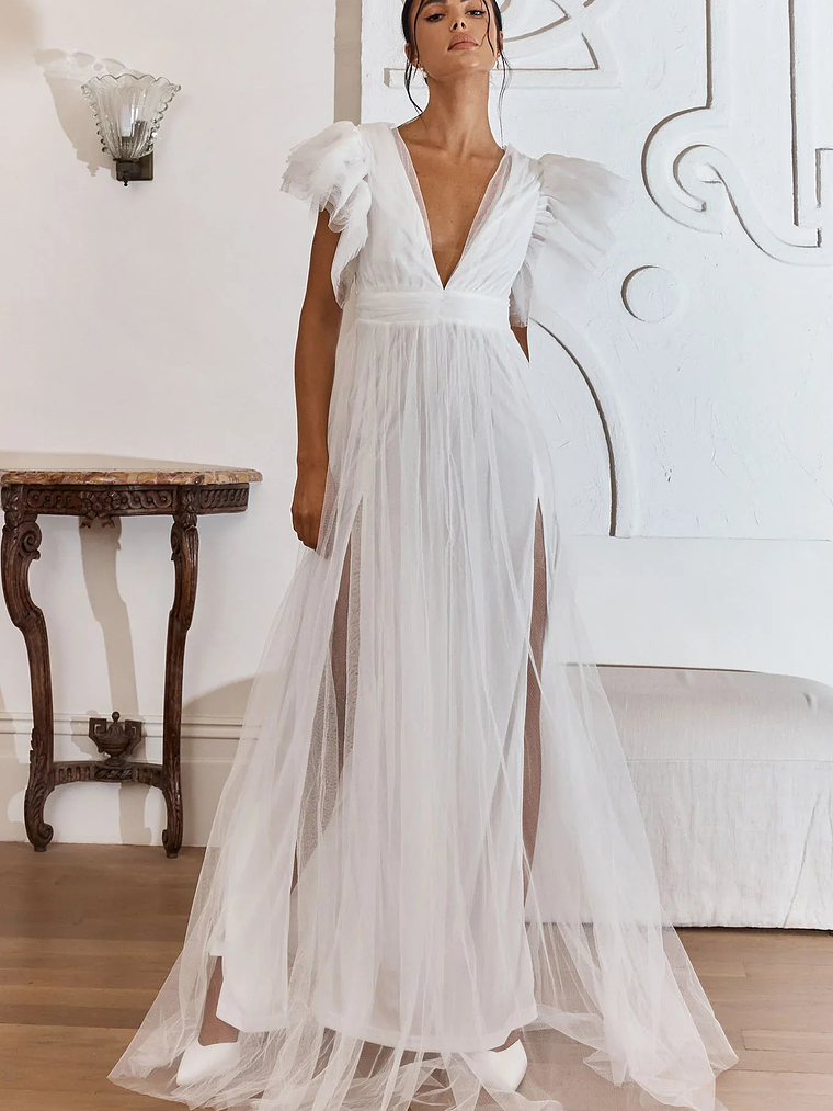 Heaven's Love Deep V-Neck Tulle Maxi Dress White 7