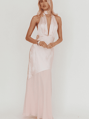Italia Azure Halterneck Sheer Hem Maxi Dress Blush