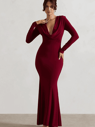 Heavy Heart | Berry Cowl-Neck Long-Sleeve Maxi Dress