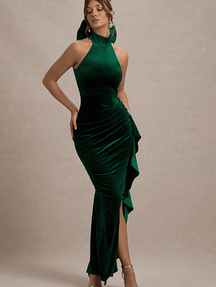 Janiya | Green Velvet High-Neck Ruffled Split Maxi Dress