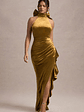 Janiya | Mustard Velvet High-Neck Ruffled Split Maxi Dress - thumbnail 1