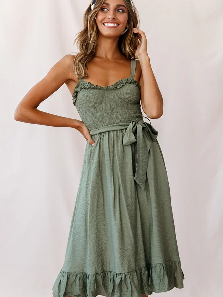 Honey Shirred Frill Midi Dress Olive 2