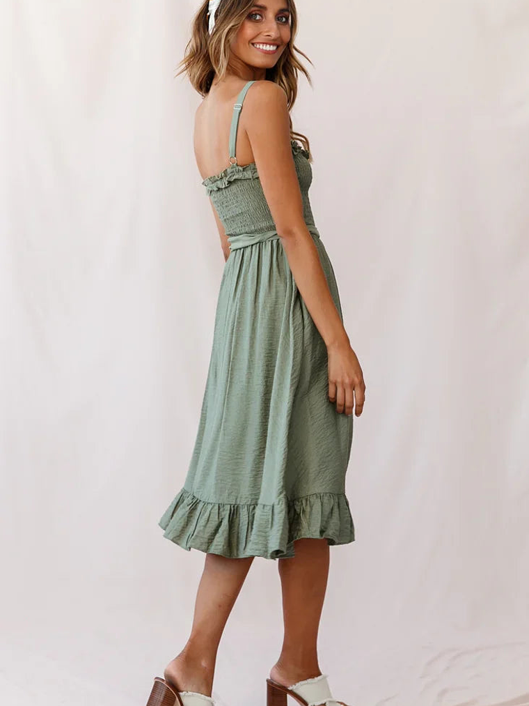 Honey Shirred Frill Midi Dress Olive 3