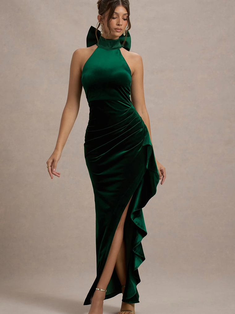 Janiya | Green Velvet High-Neck Ruffled Split Maxi Dress 5