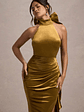 Janiya | Mustard Velvet High-Neck Ruffled Split Maxi Dress - thumbnail 3