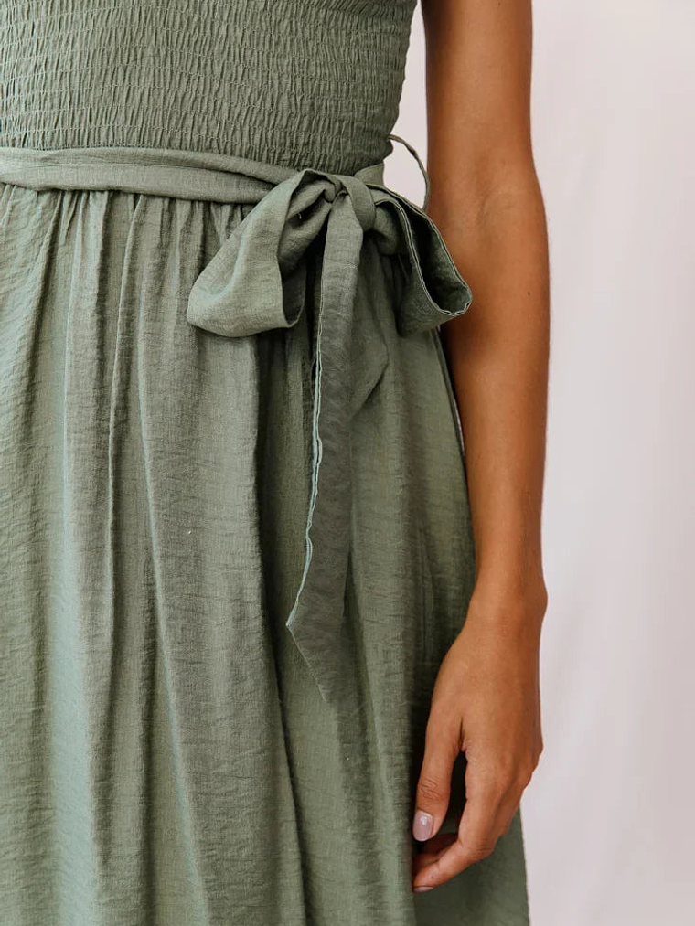 Honey Shirred Frill Midi Dress Olive 4