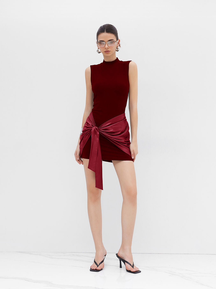 High Neck Ruched Knotted Mini Dress 9