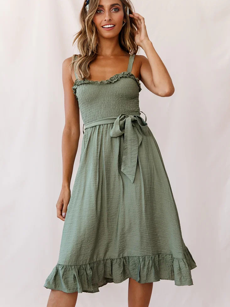 Honey Shirred Frill Midi Dress Olive 6