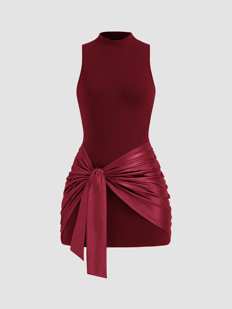 High Neck Ruched Knotted Mini Dress 13