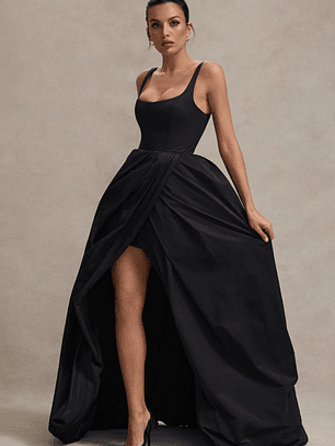 Infinite | Black Strappy Maxi Dress With Volume High-Low Skirt