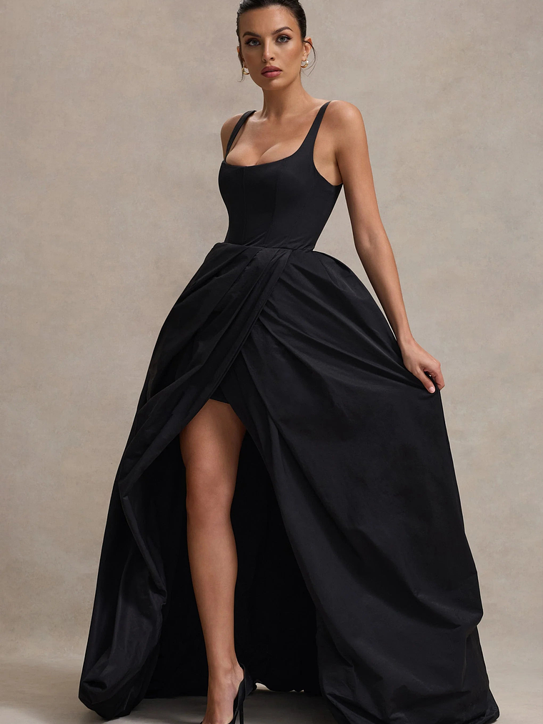 Infinite | Black Strappy Maxi Dress With Volume High-Low Skirt 1