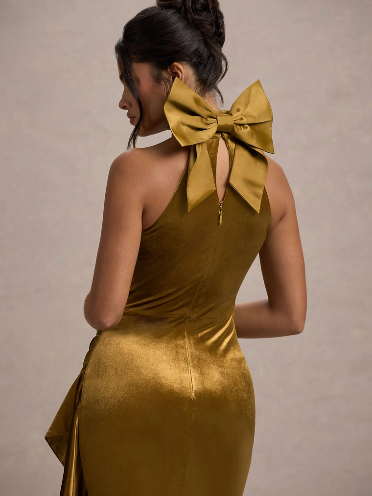 Janiya | Mustard Velvet High-Neck Ruffled Split Maxi Dress 7