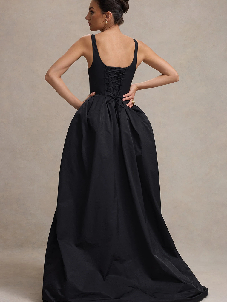 Infinite | Black Strappy Maxi Dress With Volume High-Low Skirt 2